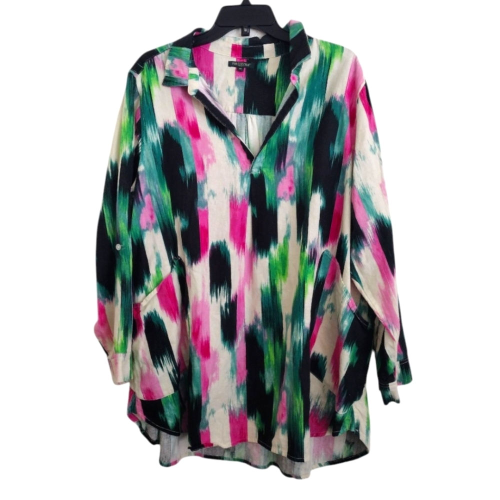 For Cynthia Bright Colorful Abstract Linen Blend Brush Stroke Top Size 2X